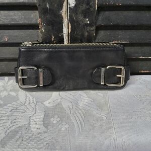 Banana Republic Black Leather Zip Clutch with Silver Buckle Accents